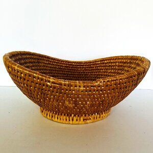Woven 13" Long Oval Raffia Basket Lateral Sides 5.5" Height Beige Shiny